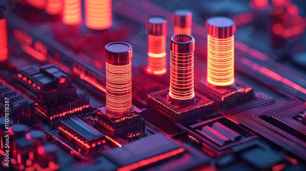 Aufkleber a close-up of a circuit board with illuminated components in vibrant red, showcasing intricate detai