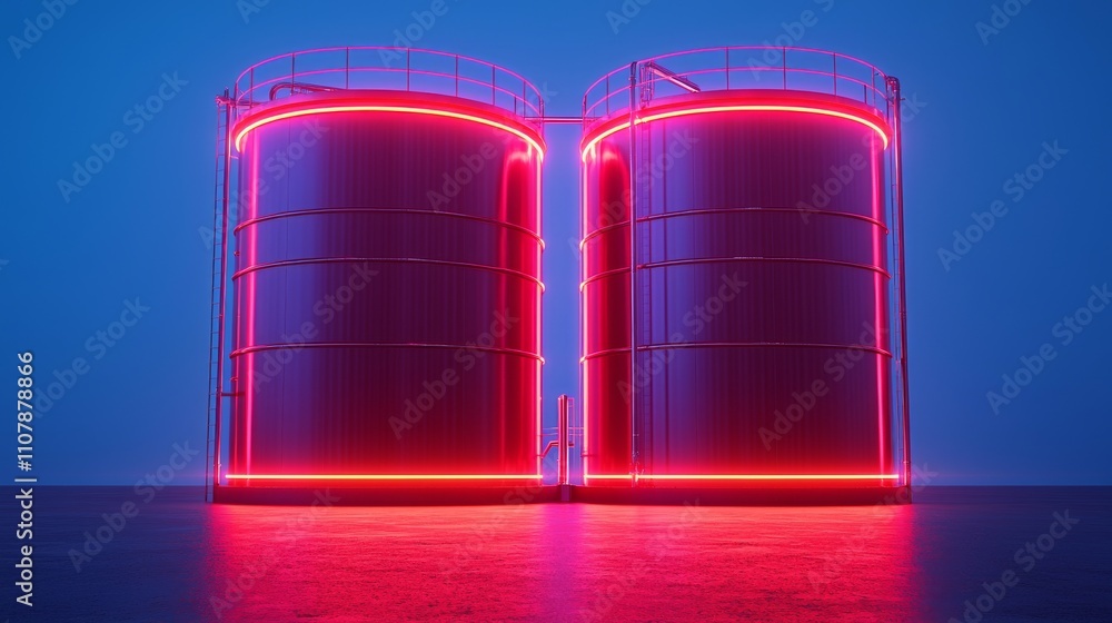 Aufkleber two illuminated cylindrical structures glow with neon red light against a blue background, creating 