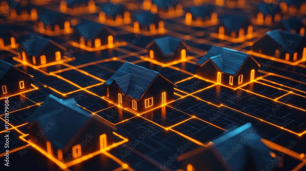 Poster a digital representation of houses interconnected with glowing lines, symbolizing a networked urban 