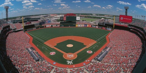 A panoramic view shows a full crowd at a baseball stadium with clear skies. The field and stands are bathed in sunlight, conveying a lively atmosphere.