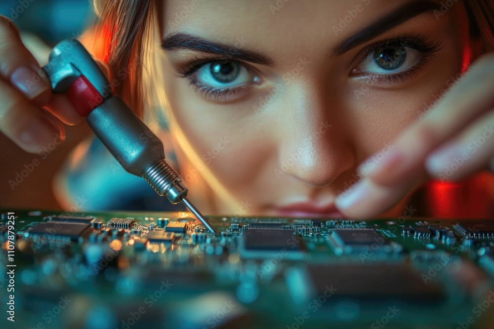Poster Close-up of hands soldering electronic components on a circuit board, suitable for use in technology or DIY projects