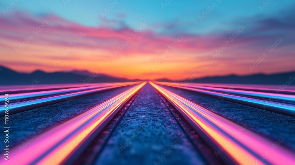 Poster a vibrant sunset illuminates a set of tracks, creating a mesmerizing perspective with colorful light