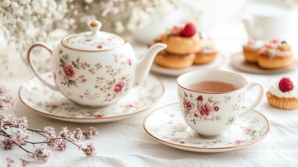 Fototapeta premium Floral tea set with teapot, cup, and saucer on table, featuring pastries in background