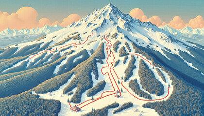 Colorful winter ski resort map illustration showing slopes and trails on snowy mountain