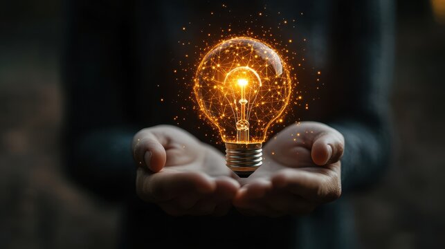 hand of a man with a light bulb and a gear icon in it new ideas and innovations with brain and light bul