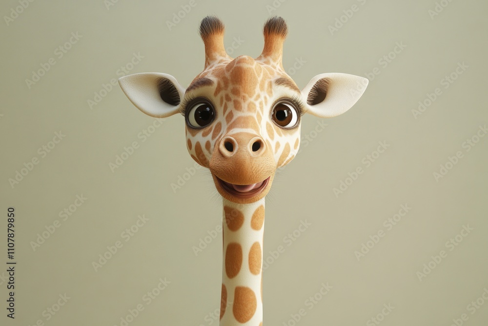 Poster close-up view of a giraffe's head and neck, featuring distinctive markings and fur texture