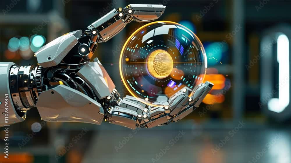 Poster futuristic mechanical robot hand holding glowing orb dynamic showcase of advanced technology, innova