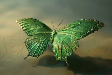 A green butterfly perched on the sand, surrounded by natural beauty