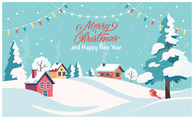 Cozy christmas winter landscape with festive greeting