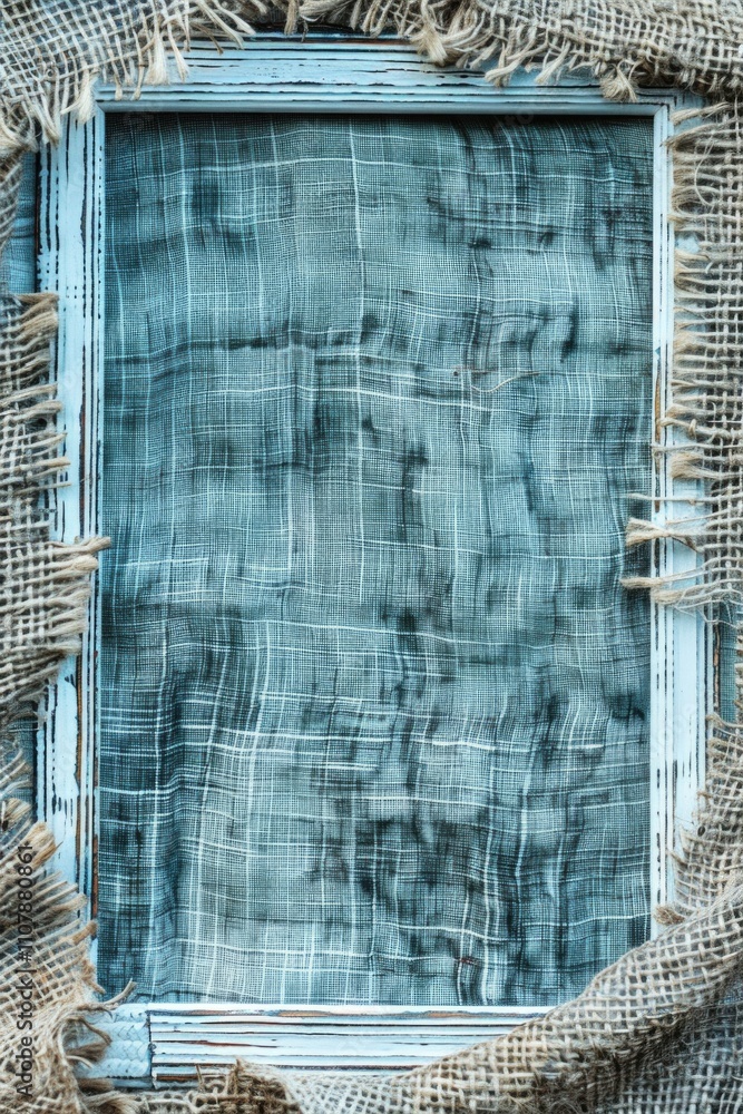 Poster A blocked window with a blue frame is the main subject of this image