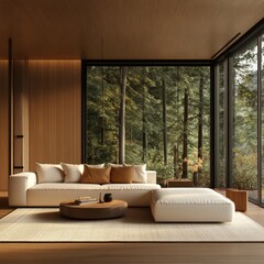 Home interior design of modern elegant living room with panoramic forest view.