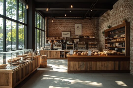 Modern bakery interior design with exposed brick wall and wooden furniture