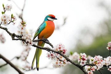 Fototapeta premium A vibrant bird sitting on a tree branch, with bright plumage and intricate details