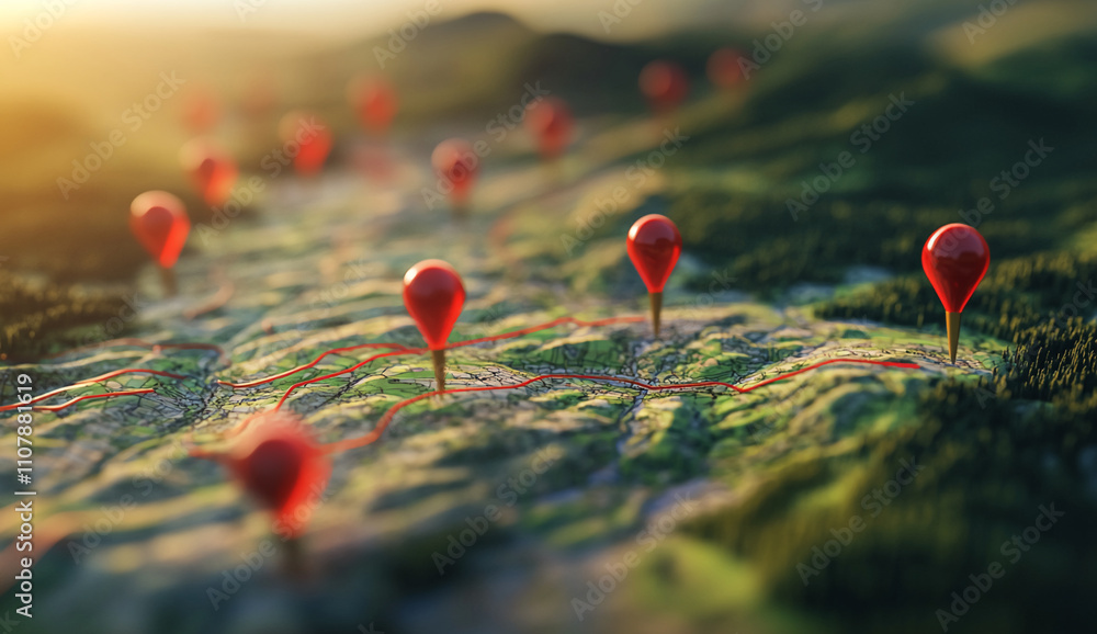 Poster red location markers scattered across a detailed map showing landscape and roads