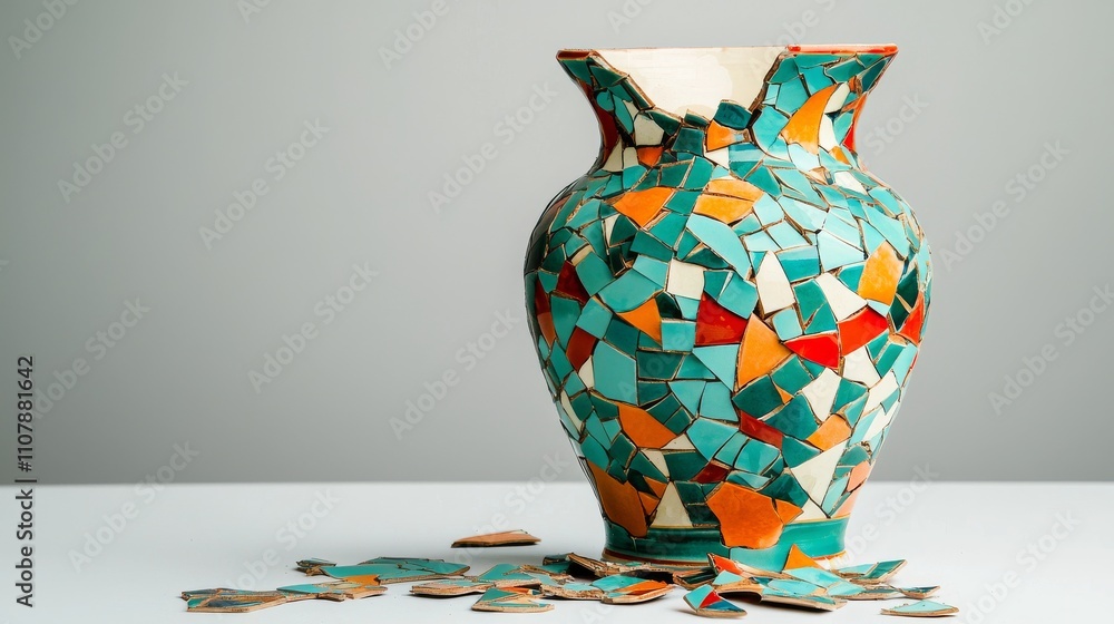 Poster a vibrant, mosaic-patterned vase with colorful fragments rests on a table, surrounded by broken piec