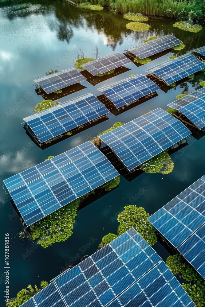 Poster photography of a group of solar panels situated on the surface of a body of water, suitable for use 