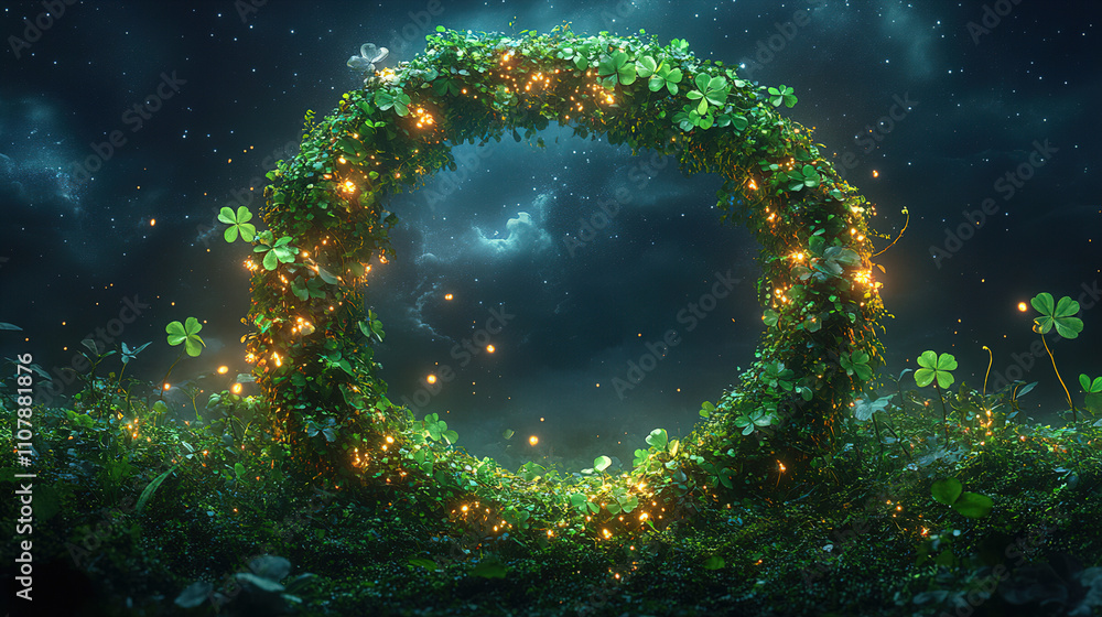 Poster natural arch made of vibrant greenery illuminated by soft lights, creating a magical atmosphere at n