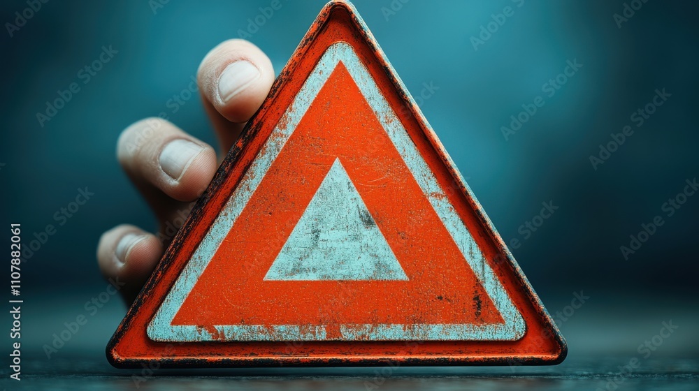 Poster human hand showing red triangle caution warning sign for maintenance notification error and risk con
