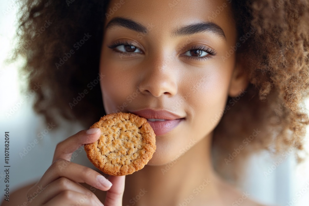 Poster a woman holds a cookie in front of her face, possibly trying to hide or distract from something