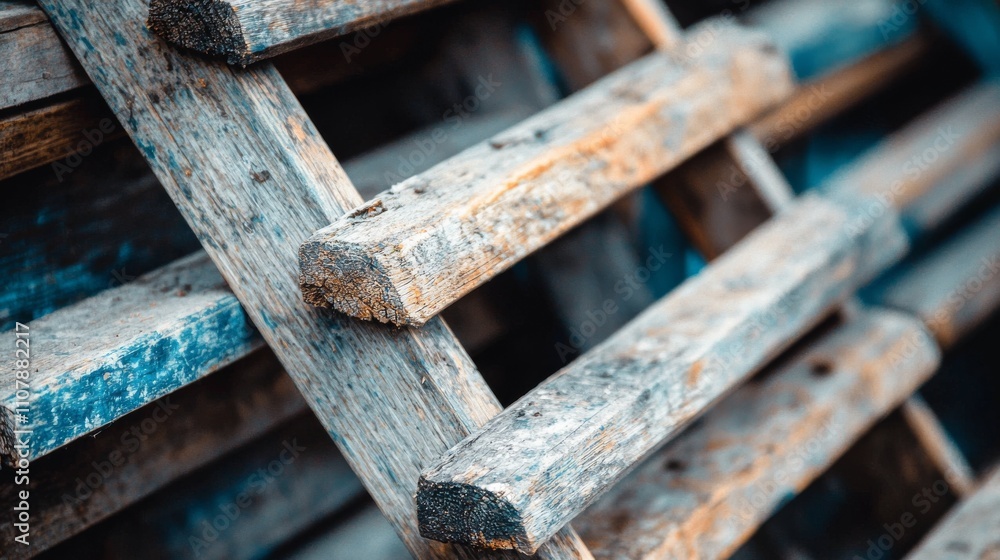 Poster a close-up of weathered wooden planks arranged in a layered pattern, showcasing texture and rustic c