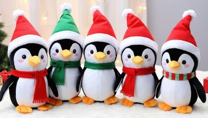 Four cute Christmas penguin plush toys in various holiday colors and patterns, displayed in a row.
