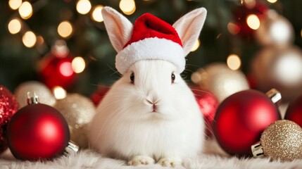 Obraz premium A cute white rabbit wearing a Santa hat is surrounded by festive red and gold ornaments with a blurred Christmas tree in the background.