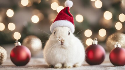 Obraz premium A cute white rabbit wearing a Santa hat, surrounded by festive ornaments and soft holiday lights, creating a cheerful Christmas atmosphere.