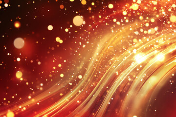 Obraz premium Glowing Golden Sparkles on Red Background, Abstract Bokeh and Shimmering Light Trails for Festive Celebration and Holiday Glamour