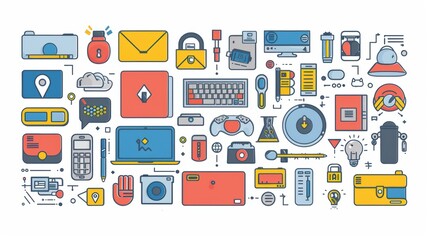 A colorful collection of technology and communication icons and tools.