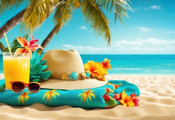 tropical beach essentials artfully displayed colorful towel surrounded sand relaxing coastal atmosphere, sunglasses, sunscreen, bag, straw, hat, water