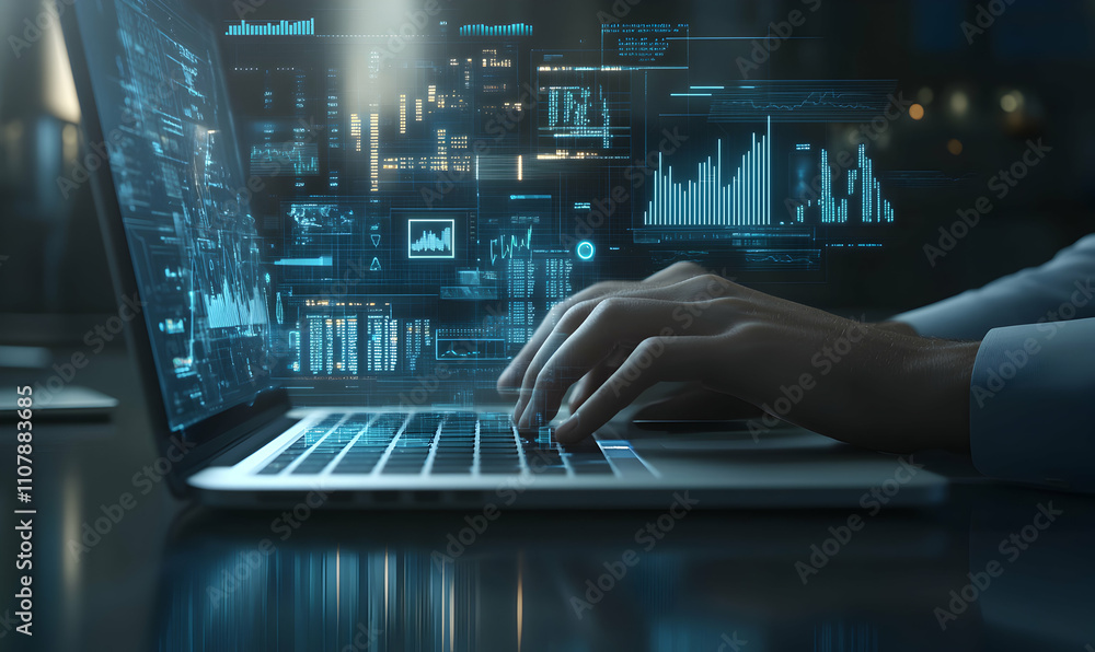 Poster hands typing on laptop with futuristic digital data interface overlay. ideal for technology, busines