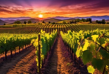 Fototapeta premium stunning vibrant vineyard rows bathed radiance beneath colorful sunset sky spectacular dramatic lighting, vintage, colors, cloud, formations, natural, horizon