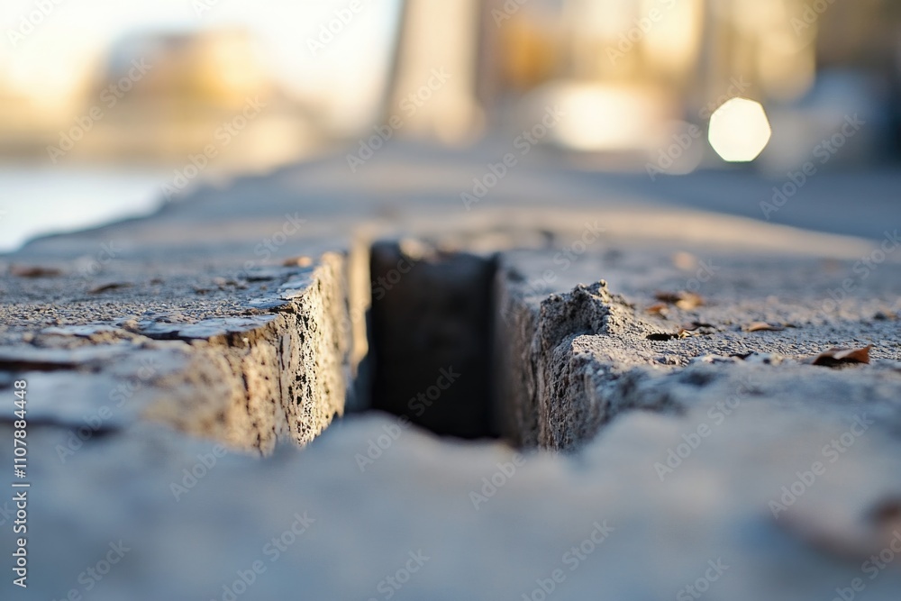 Aufkleber a detailed view of a crack in the concrete surface with rough edges and worn-down texture