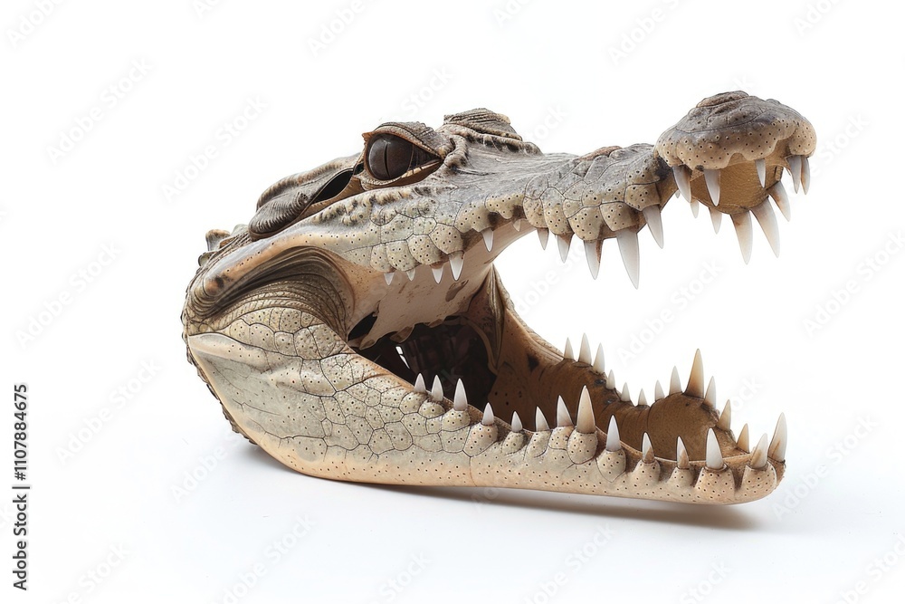 Poster a close-up view of a crocodile's head with its mouth open, suitable for use in wildlife or animal-th