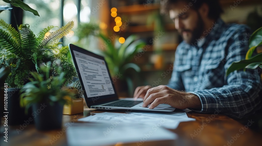 Poster invoice and online digital statements concept person using laptop to check debt payment checklist do