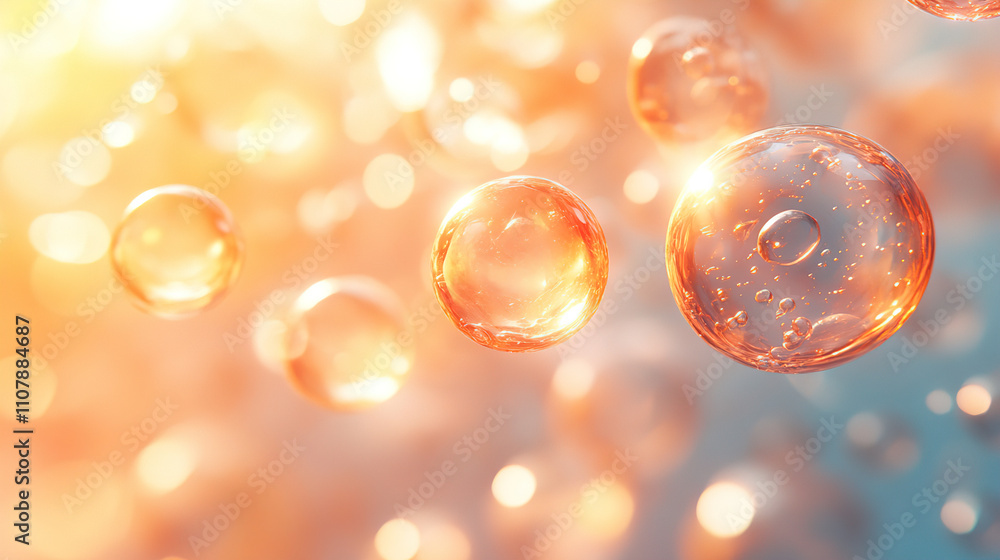 Poster bubbles float gracefully in sunlight creating a mesmerizing illusion in a warm, dreamy atmosphere. g
