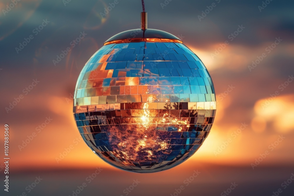 Poster A reflective mirror ball hangs from a string against a warm sunset backdrop