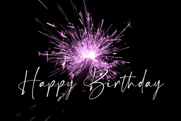 Stylish happy birthday pink pyrotechnics sparkler magic. Entertainment celebration party time from january to december. Premium nightlife visual with glowing light sparks on dark background