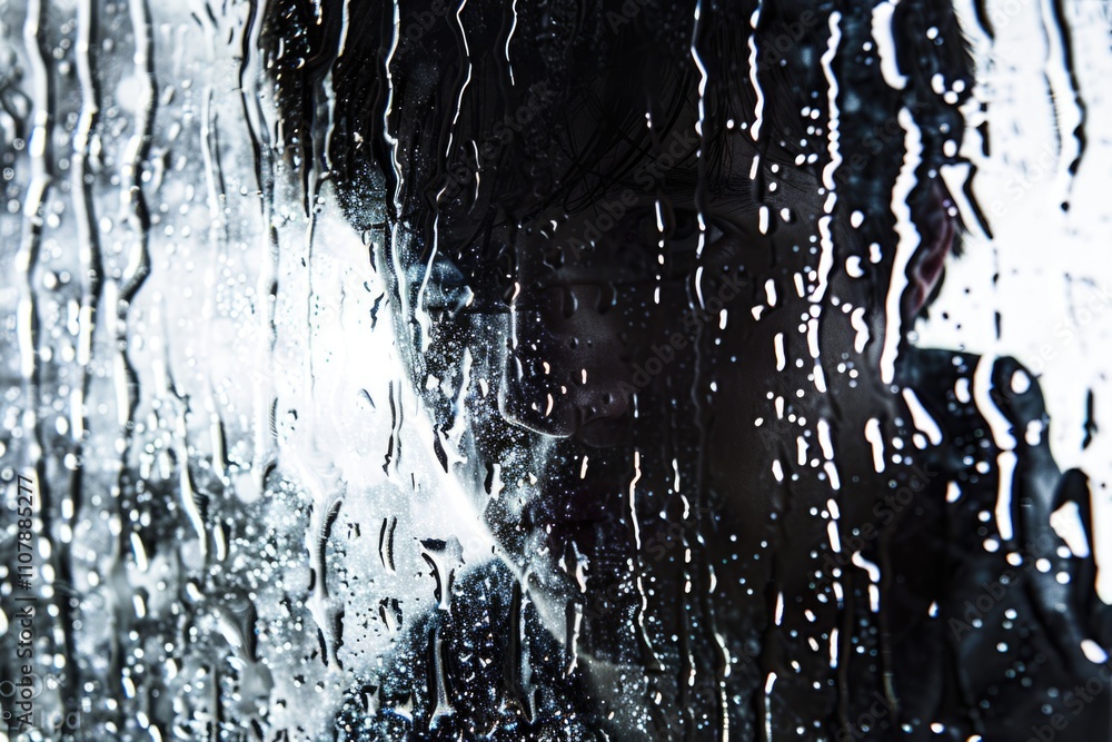 Poster a person standing by a window with rain pouring down, great for weather or mood related concepts