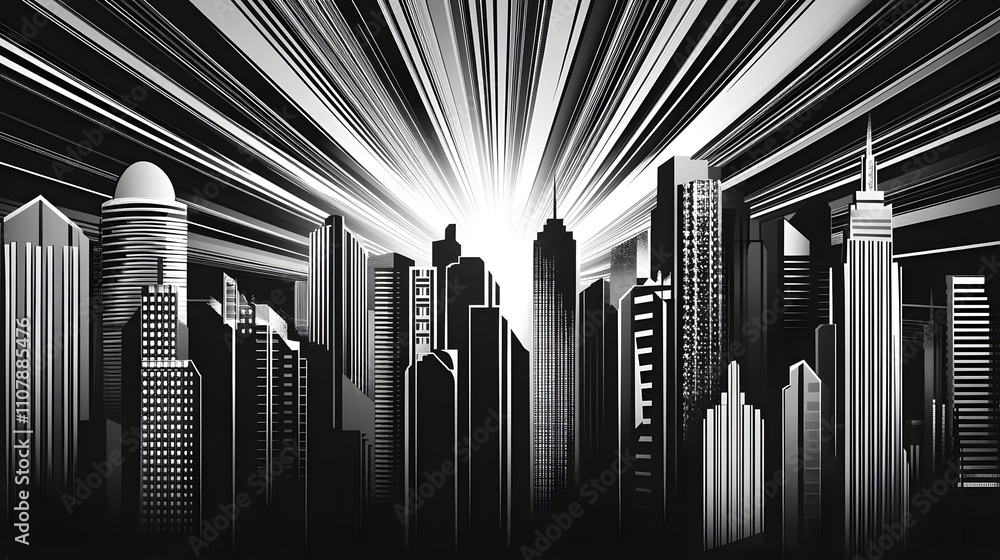 Poster deco skyline with starburst and linear patterns