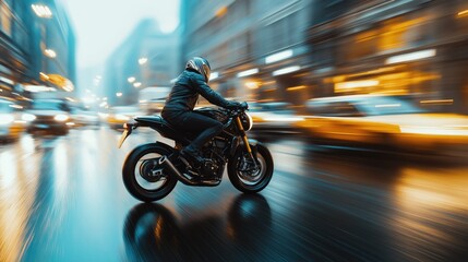 Obraz premium Motorcyclist with a helmet riding through a city street at high speed on a wet road with blurred motion effect and vibrant city lights.