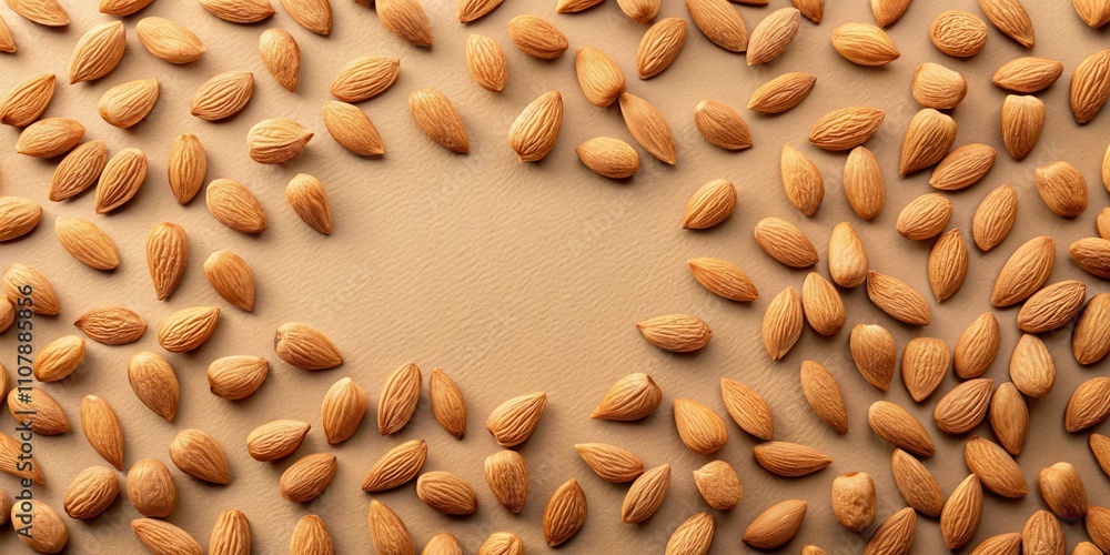 Poster A Scattered Arrangement of Whole Almonds in a Circular Formation on a Smooth Tan Background