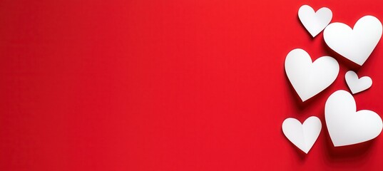 A vibrant red background featuring scattered white hearts, symbolizing love and affection, perfect for Valentine's Day or romantic themes.