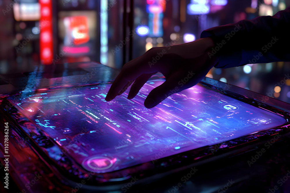 Poster futuristic interface, hand interacting with a holographic display showing data streams, vibrant neon