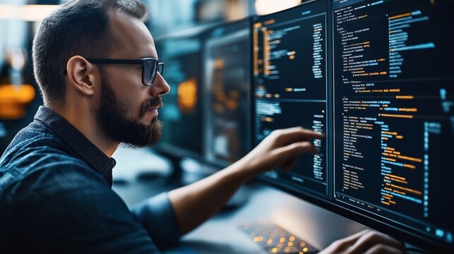 Male programmer working on computer with multiple monitors displaying code in modern workspace