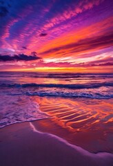 Fototapeta premium vibrant beach sunset striking clouds sparkling water reflections capturing breathtaking palette, ocean, waves, sky, horizon, seaside, silhouette, coastal