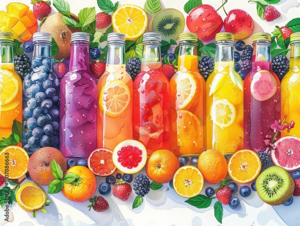 Poster a colorful array of fruit juices in bottles surrounded by fresh fruits.