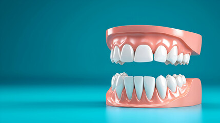 Obraz premium A 3D model of a dental impression showing upper and lower teeth on a turquoise background, highlighting dental health and orthodontic design.