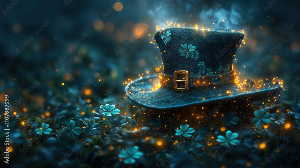 Poster magical leprechaun hat surrounded by glowing clovers and sparkles in an enchanted forest at twilight