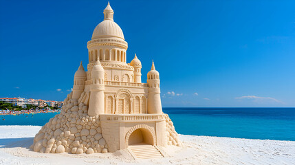 A stunning sandcastle stands majestically on a beach, framed by a clear blue sky and an inviting ocean backdrop.